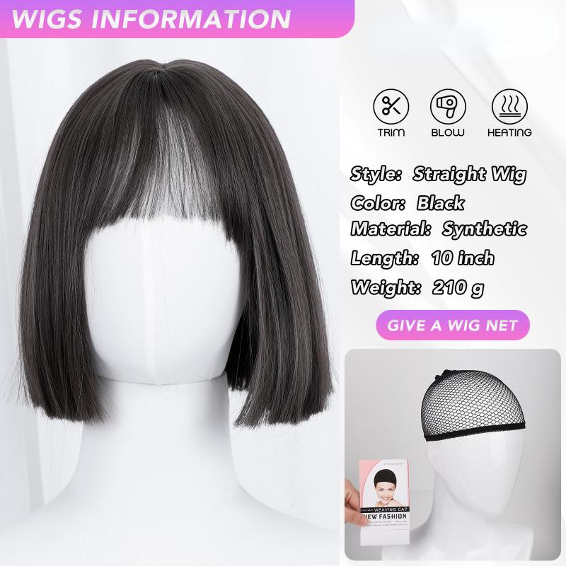 Bob 10 palců Krátká Černá Rovná Ofina Paruka Vlákno Syntetická Paruka Tepelně Odolná Nepřirozený Lesk Přírodní Cosplay Denní Pro Ženy Korejská Móda