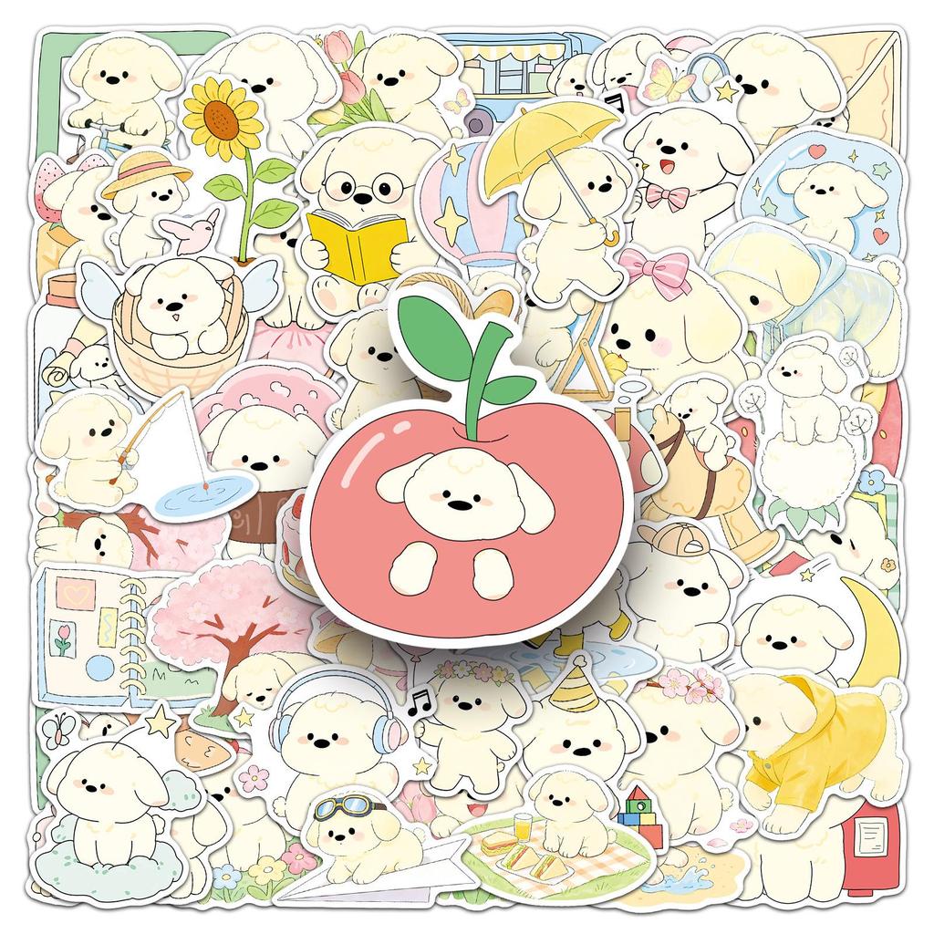 52 Cute Hand-Painted Spring Puppies Stickers - Waterproof Pet & Heart Decorations for Milk Tea Cups