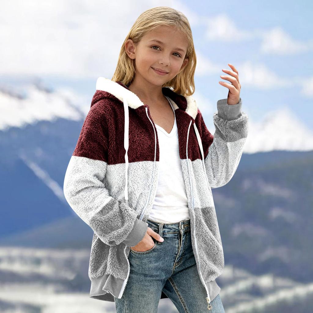 Children's Fashion Color Medium Large Children's Zipper Long Sleeve Hoodie Color Blocked Plush Warm Coat