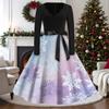 Women's Casual Vintage V-Neck Long Sleeve Dress with Christmas Print