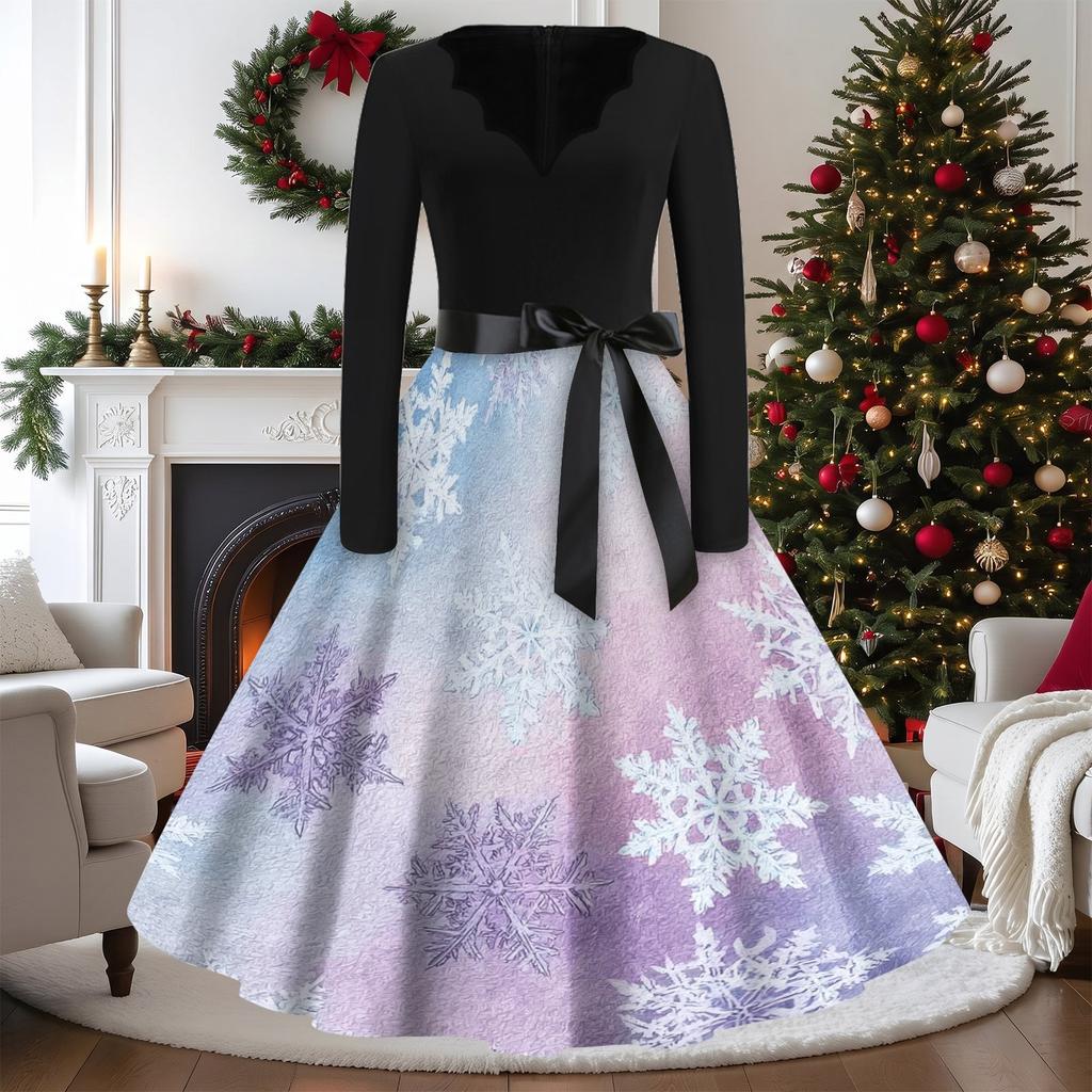 Women's Casual Vintage V-Neck Long Sleeve Dress with Christmas Print