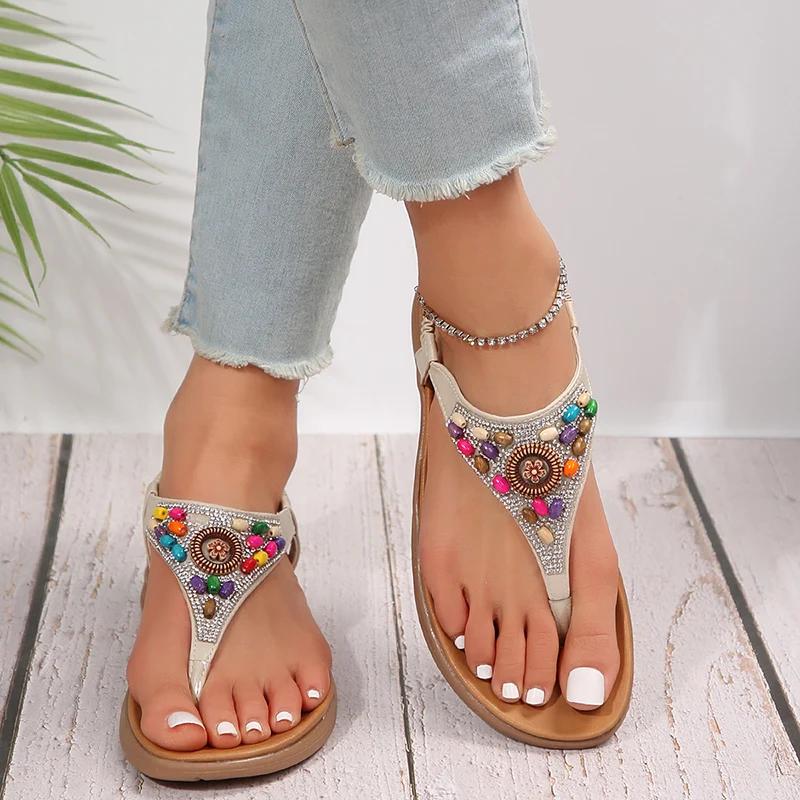 Fashion Mix Color Pearl Bohemian Sandals Women Fashion Clip-Toe Non-Slip Beach Sandals Woman Bling Crystal Flat Heel Rome Sandalias