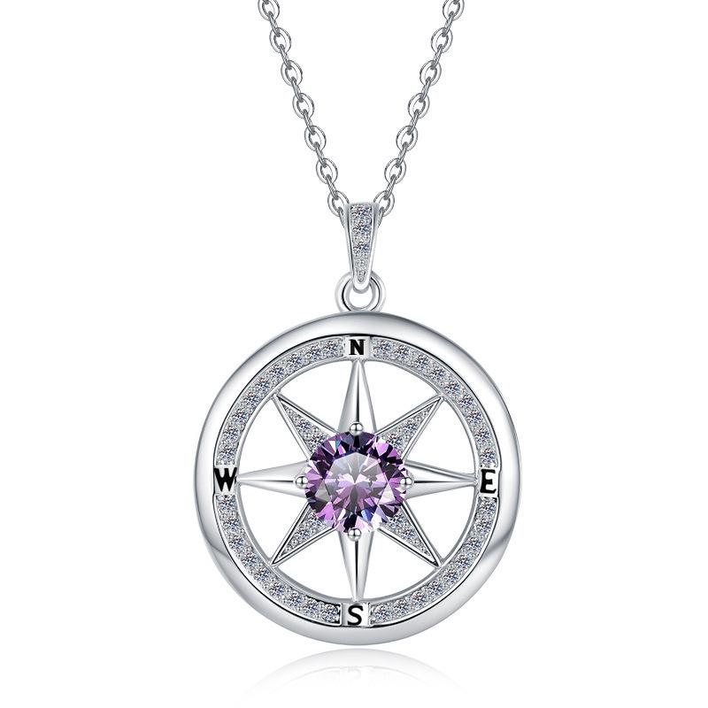Collana Pendente Bussola Stella a Otto Punte Placcata Oro Bianco con Moissanite Colore D da 1/2 Carato
