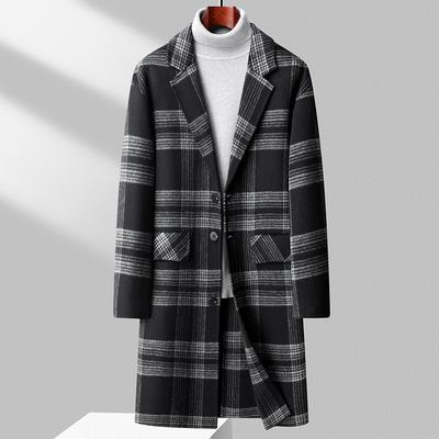 Hand-sewn Plaid Double-sided Wool Coat for Men's Youth Autumn and Winter Dropped Shoulder Sleeves and Knee-length Wool Coat