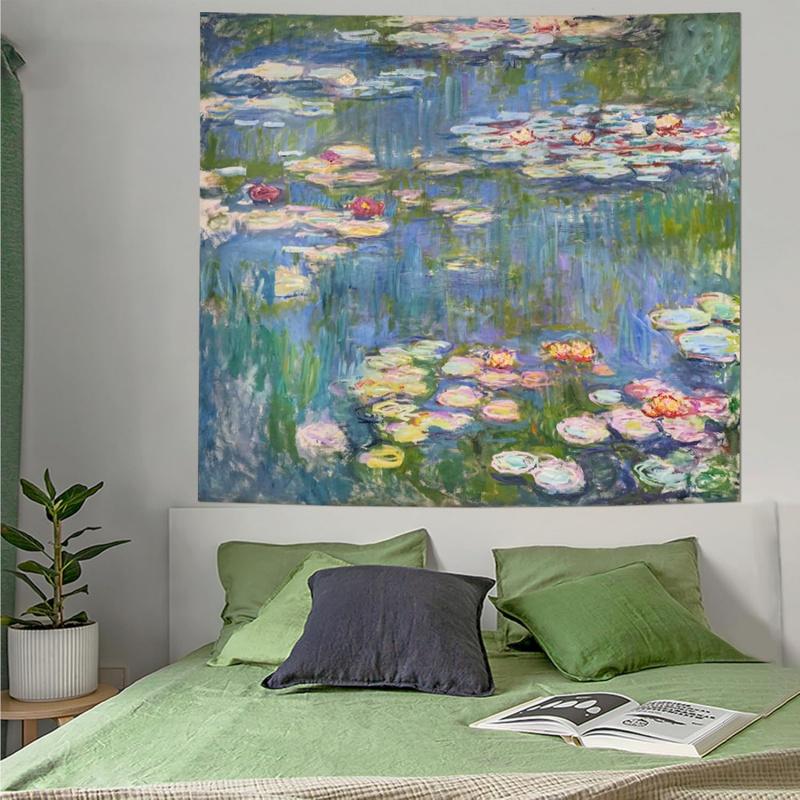 VIKAMA Green Floral Water Lily Tapestry Boho Aesthetic Watercolor Art Wall Hanging for Living Room Bedroom Dorm Home Decor