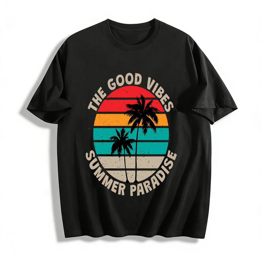 

Vintage Coconut Tree Sunset Print T-Shirt Summer Vacation Top Pure cotton T-shirt XXS