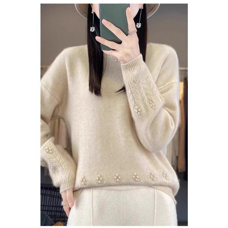 Rundhals Langermet genser Dame Løs Aldersreduksjon Jacquard-bunnskjorte Uformell Allsidig Overdeler Høst og Vinter