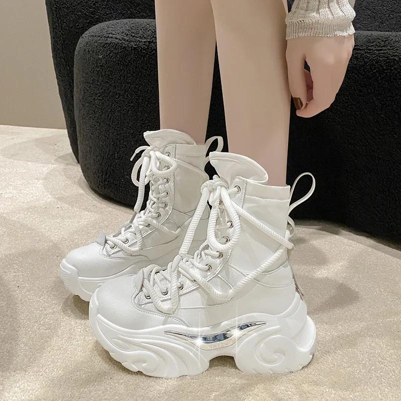 Fashion Women Ankle Boots Autumn Chunky Shoes Woman High Platform Breathable Sneakers 7.5CM Thick Sole Wedges Motorcycles Boots Winter