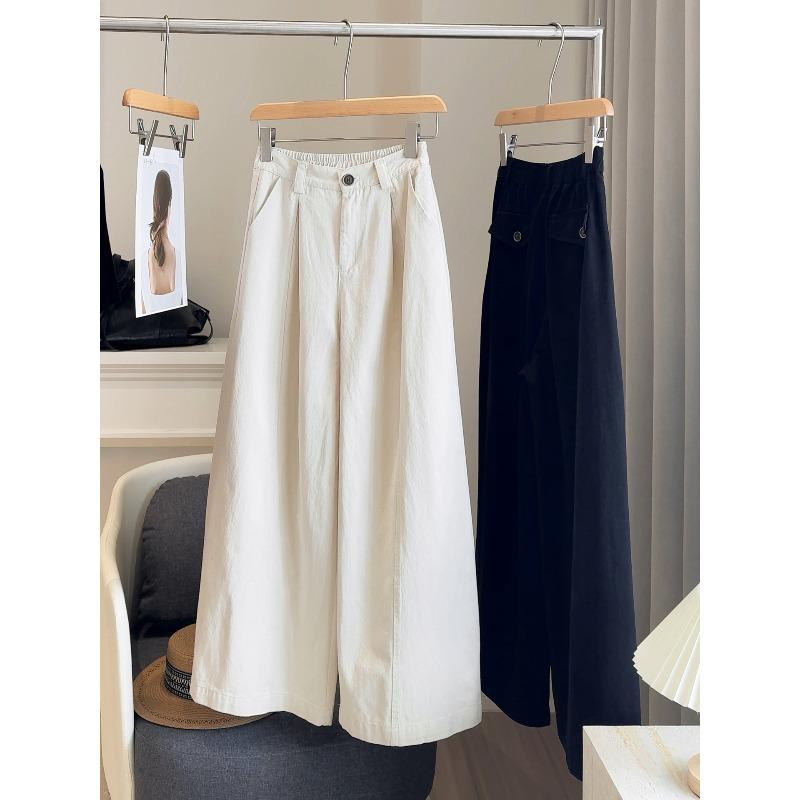 Retro Elastic High-waisted Washed Cotton Wide-leg Pants Women's Spring and Autumn Small Loose and Thin Casual Straight-leg Pants