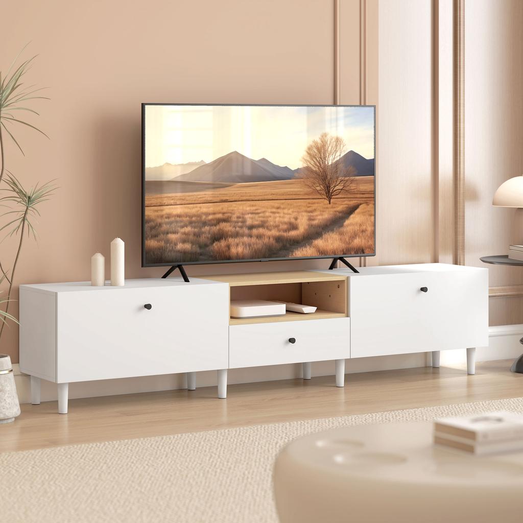 200 Cm TV Cabinet for TVs Up To 90 Inches, 2 Cabinet Compartments, Open Shelf, Drawer, 8 Legs, Chipboard, White