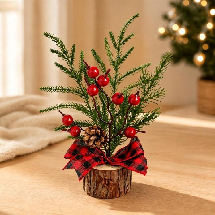 Wood Base Christmas Tree with Faux Branch Detail for Desk, Shelf, Counter, Entry Table, and Shop Front Display