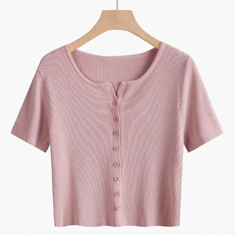 V-neck Short-sleeved Knitted Cardigan Thin T-shirt Women's Slim Short Tops