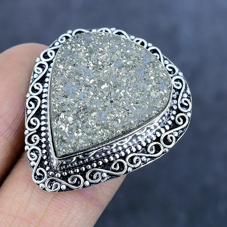 Pyrite Druzy Handmade 925 Sterling Silver Jewelry Ring Size 7 W3k54