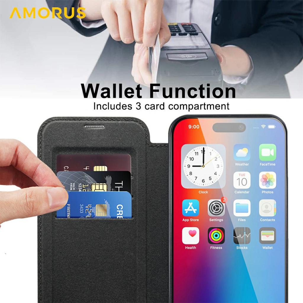 For iPhone 16 Plus Case Compatible with MagSafe RFID Blocking Card Holder Leather Phone Cover