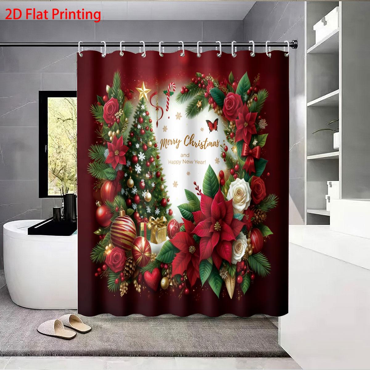 

1pc Christmas red floral print waterproof shower hanging curtain with 12 hooks, multi size holiday decoration, machine washabl 90x180cm