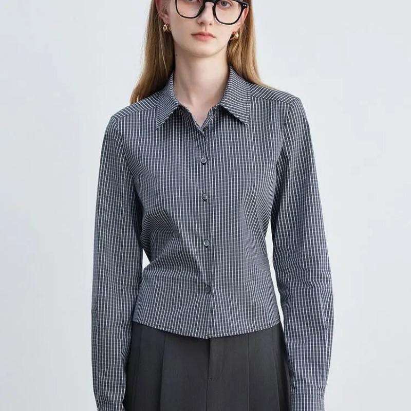 Women Gingham Plaid Shirt Back Tie Waist Puff Sleeve Blouse S