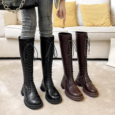 New Spot Amber Streamer Wind But Knee Knight Boots Thick Sole Thick Heel Boots Rear Zipper Round Head Lace-up High