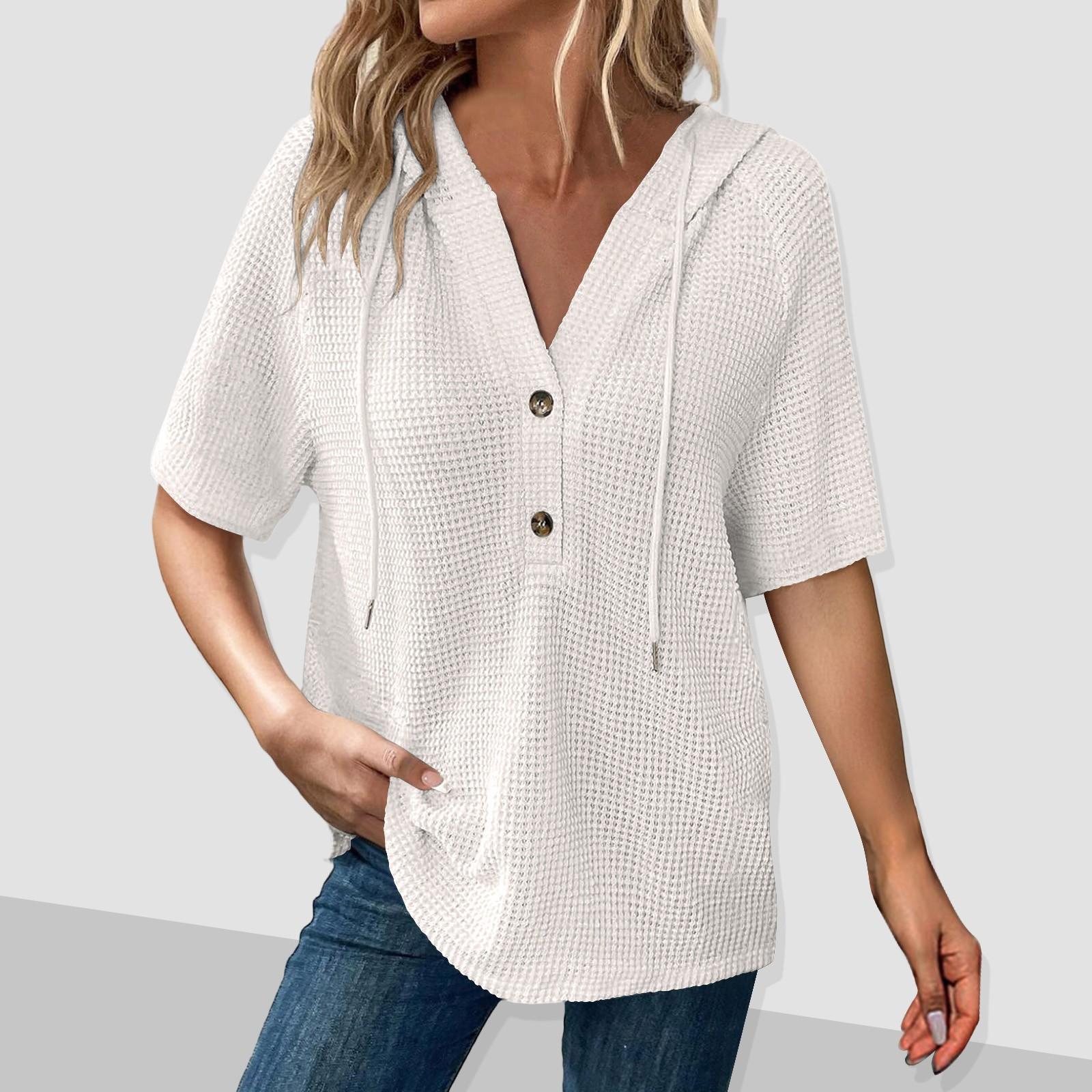 Women s Fashion Short Sleeve Hooded Button V-Neck Casual Hooded Sweatshirt Top XL бежевый
