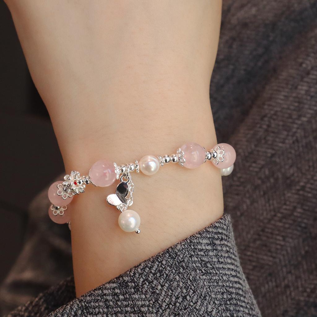Natural Pink Crystal Bracelet Hibiscus Stone Fashion Bracelet Fashion Women Bracelet Accessories