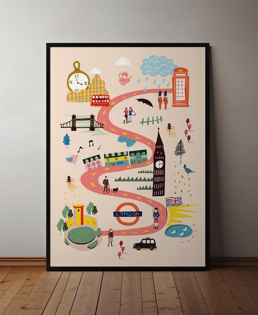 Plakat mapa mapy Londyn ilustracja w czarnej ramie