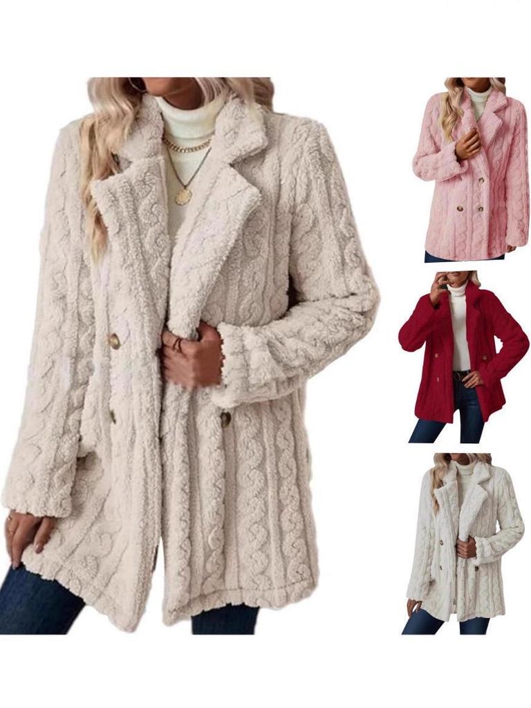 Women's Plush Double-Breasted Mid-Length Coat - Comfortable, Casual, Warm Suit Collar.
