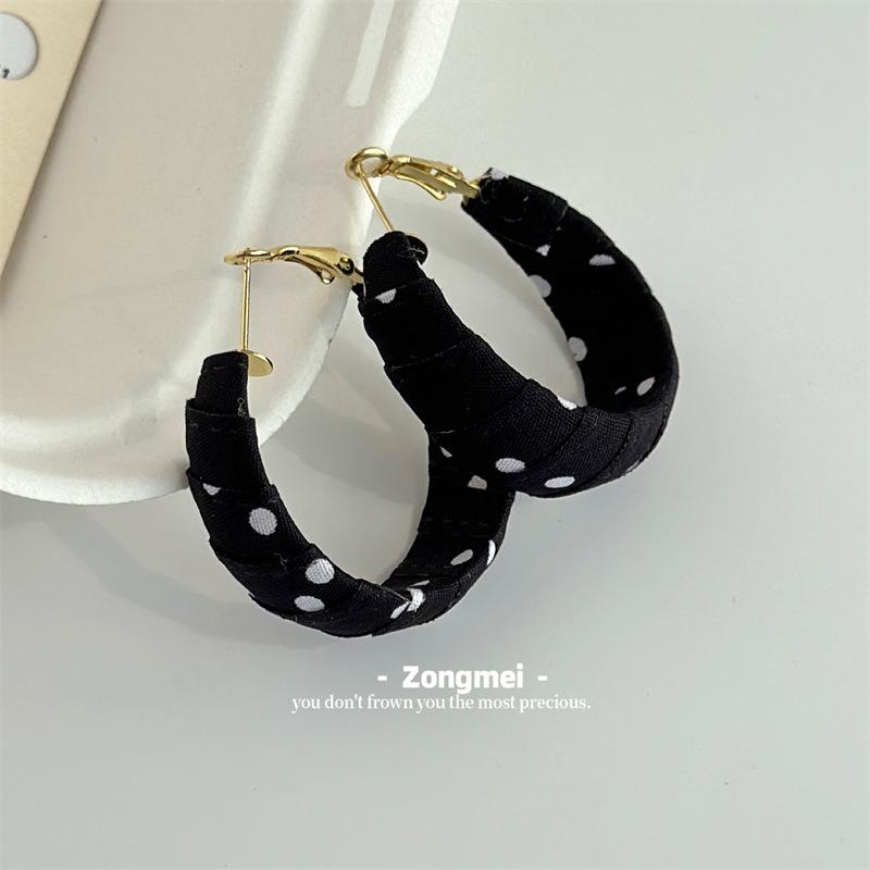 Polka Dot Geometric Silver Needle Fabric Earrings - Chic and Fresh Hoops for a Modern Look