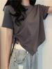 Camiseta Irregular de manga corta con cuello redondo para mujer, camiseta básica ajustada acanalada con cordón de cintura alta, Top corto a la moda, Top que combina con todo