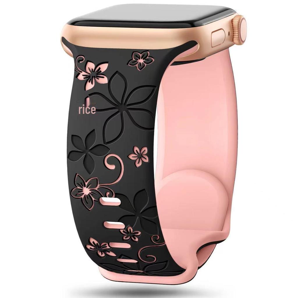 Embossed Floral Silicone Apple Watch Strap: Unisex, Sports, Two-Tone, Infinity Buckle.
