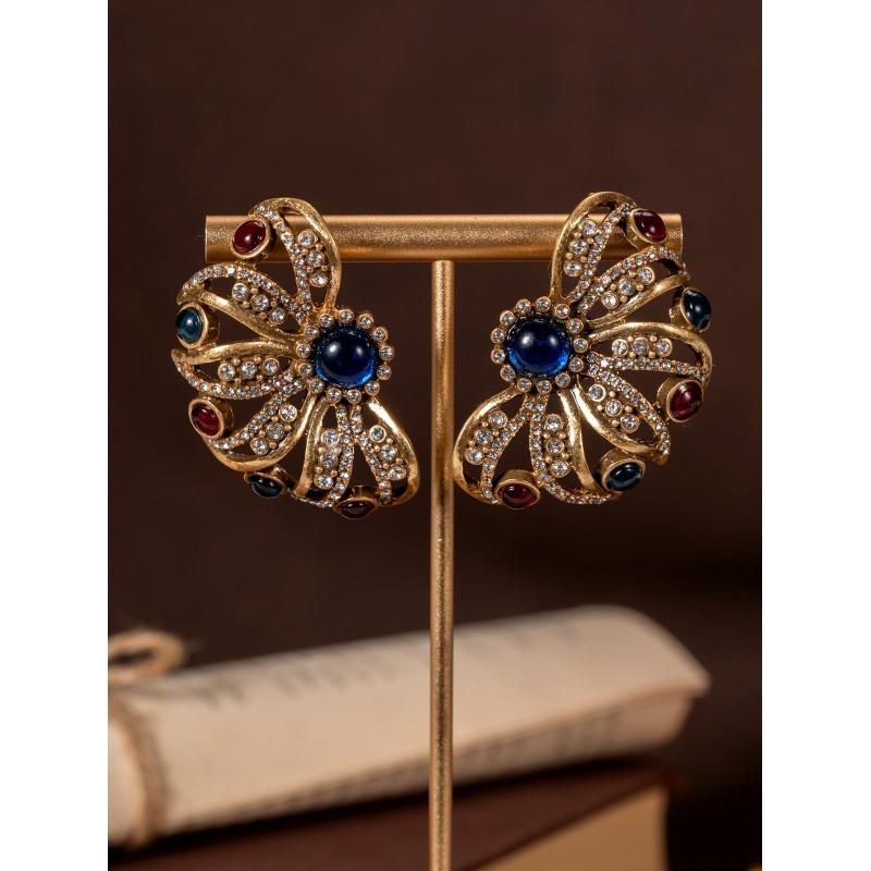 Vintage Colored Rhinestone Inlaid With Flower Earrings Light Luxury Retro Style Medieval Hollowed Out
