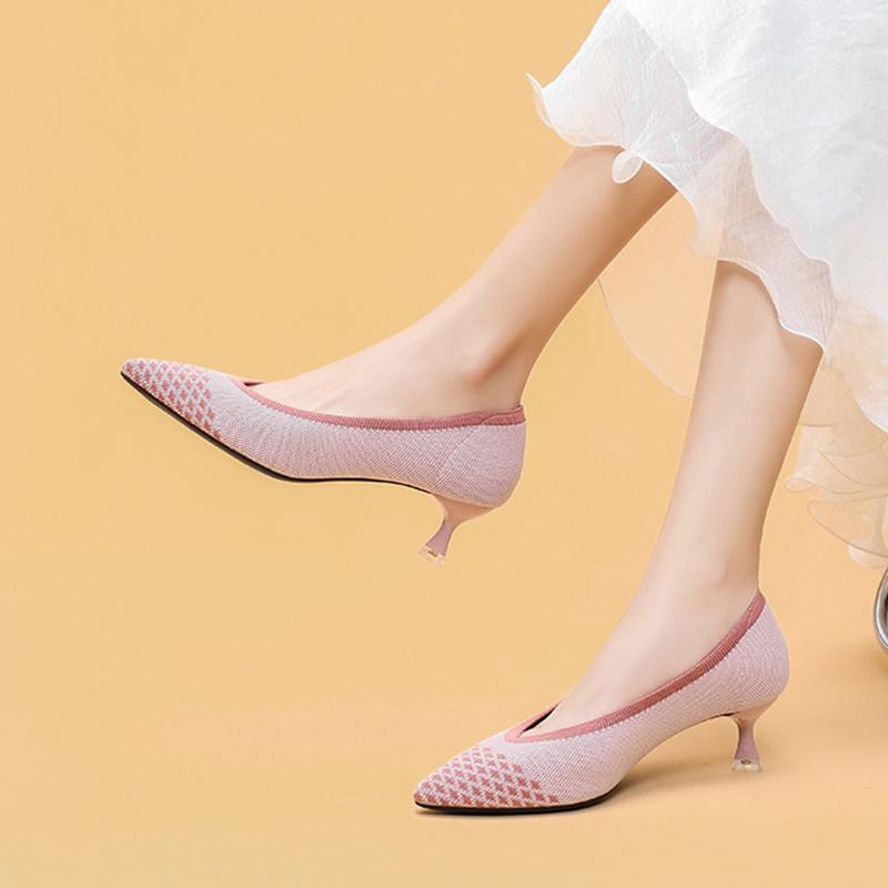 Mode 2024 Damen Frühling Herbst Spitz Dünne Absätze Gestrickt Modisch Atmungsaktiv Rutschfest Professionelle Schuhe Mokassins Mesh Ballett