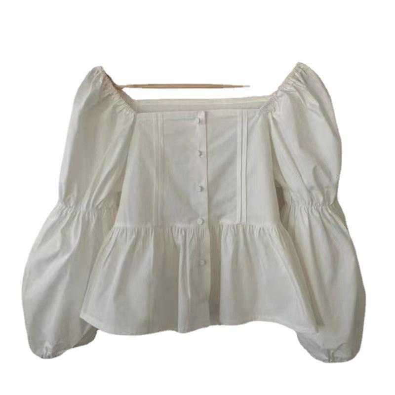 Dongdaemun Solid Color Lace Long Puff Sleeve Chiffon Blouse - Spring/Autumn 2025