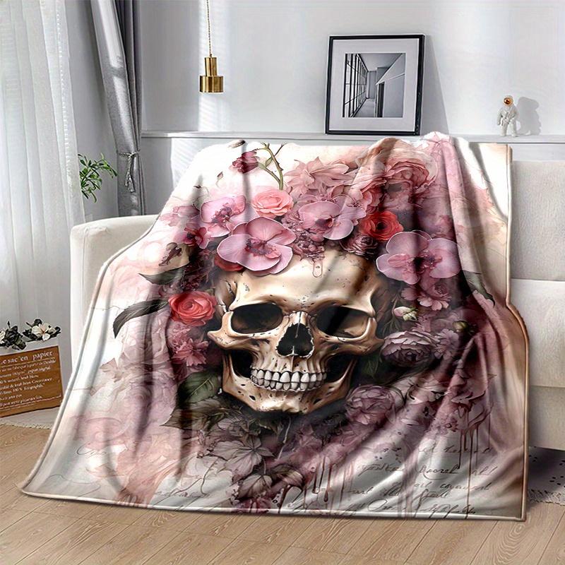 1pc Skull & Blooms Blanket  Seasonal Universal Home Decorative for Room, Living Room, Travel, Camping, Car Blankets
