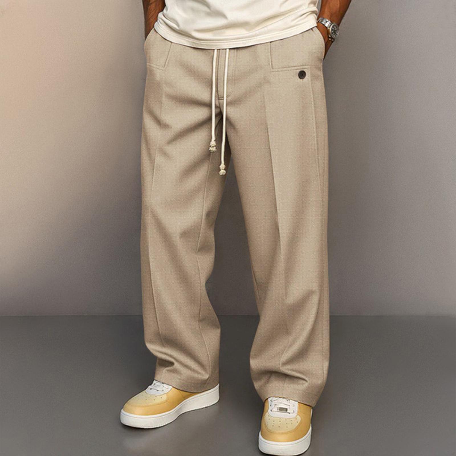 Men s Drawstring Elastic Waist Baggy Sweatpants  Loose Wide Leg Long Pants With Pocket L бежевый