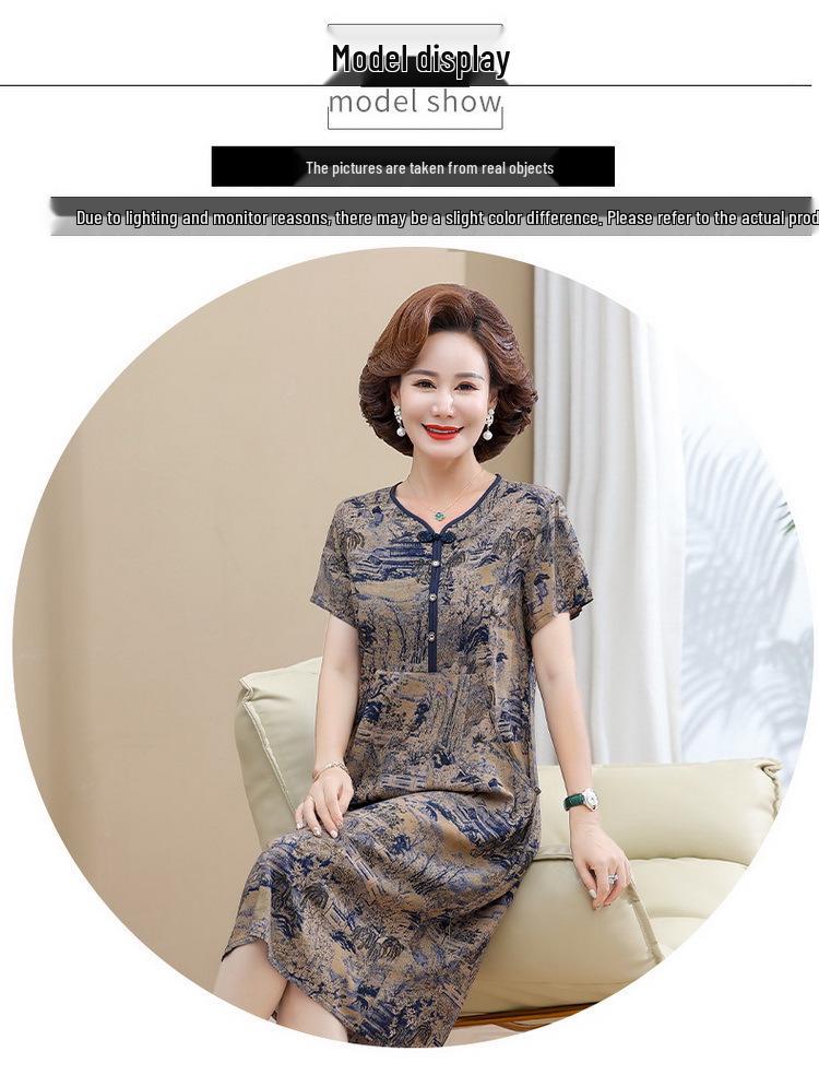 2026 Summer Stylish Loose-Fit Mid-Length Short-Sleeve Dress with Pockets for Middle-Aged and Elderly Women