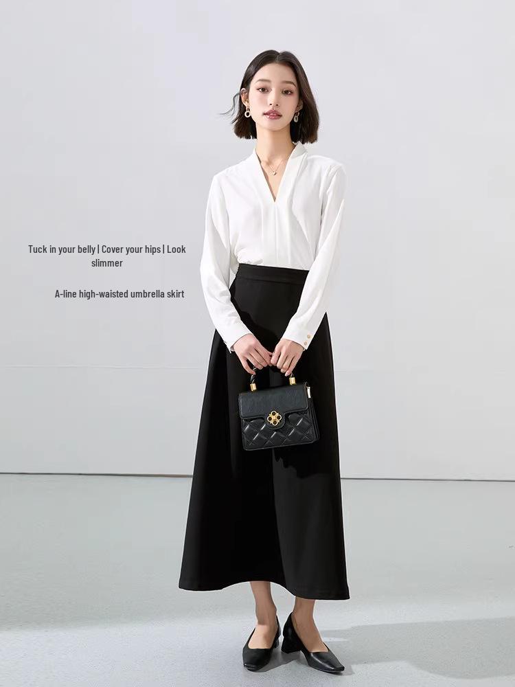 Women's Drapey White V-neck Chiffon Shirt: Long-Sleeved, Slimming, Perfect for College, Interviews, Professional Wear, and Spring Layering Tops