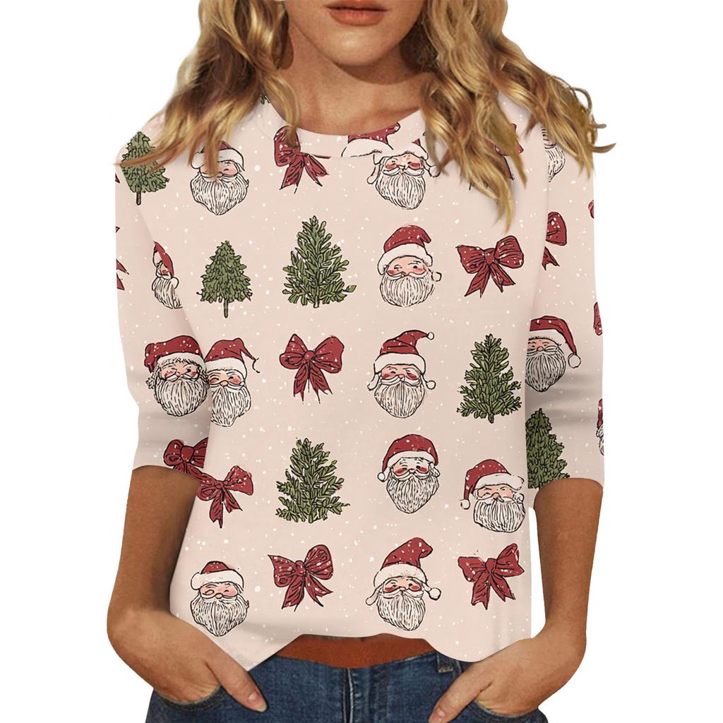 Women's O-Neck 3/4 Sleeve Christmas Print Top