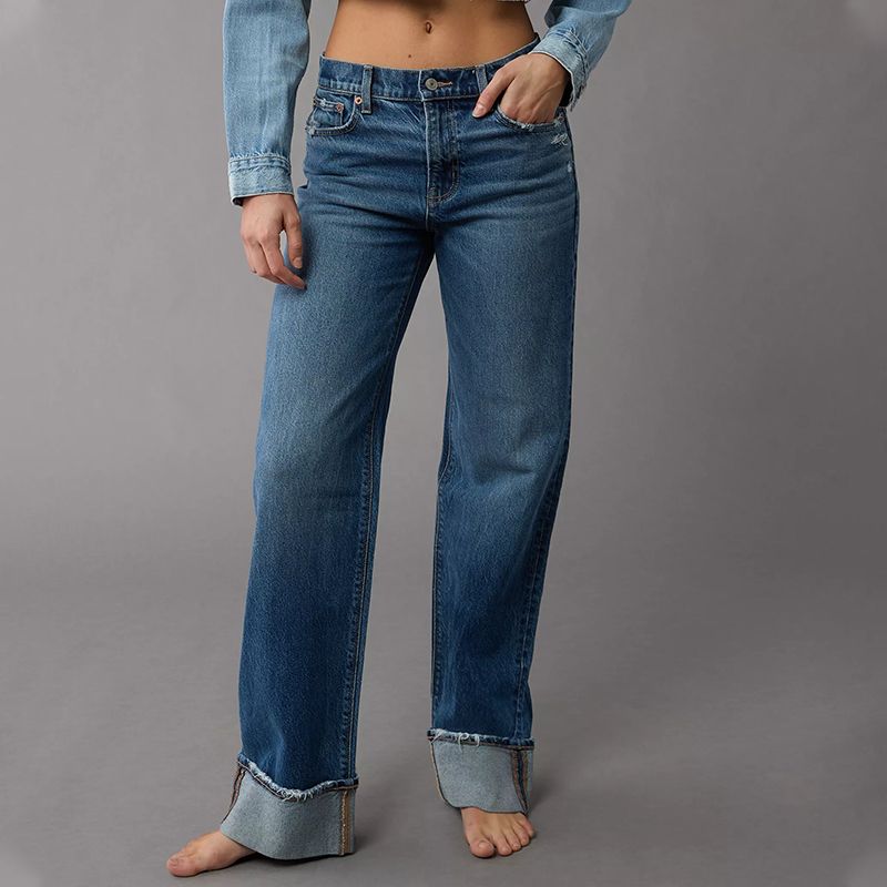 

AEO American Eagle Summer Blue High Waist Bullet-free Jeans Women Loose Slimming Wide Leg Folded Straight Pants Fashion Blue US4(Waist 29 inches)