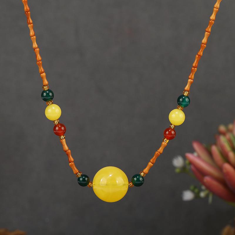 Retro New Chinese Wooden Bamboo Necklace Niche Design Beeswax Agate Pendant Collarbone Chain Women's Literary Accessories