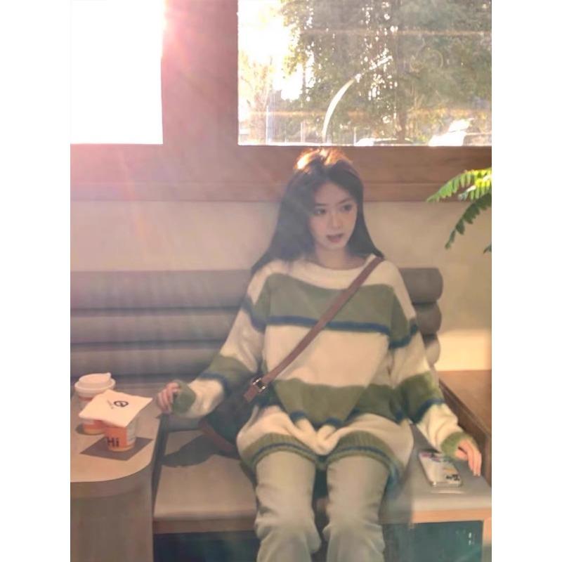 Zelený pruhovaný dámský svetr Color Blocking Kulatý výstřih Dlouhý rukáv Pulovr Teplé svrchní oblečení Dámský podzimní top