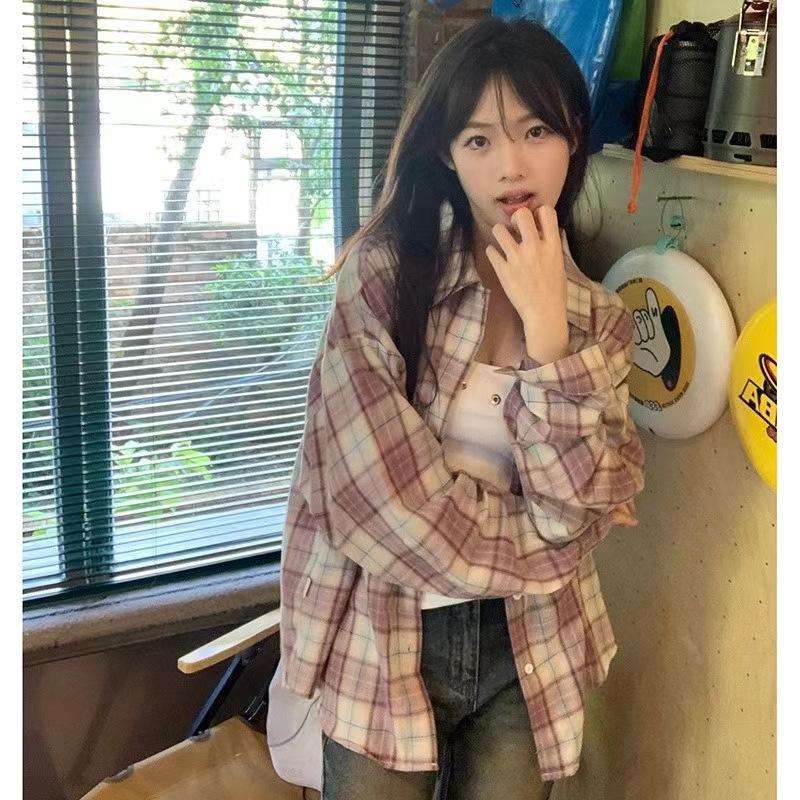 Women's Korean Style Plaid Long-Sleeve Jacket - Spring/Autumn Casual Loose Fit