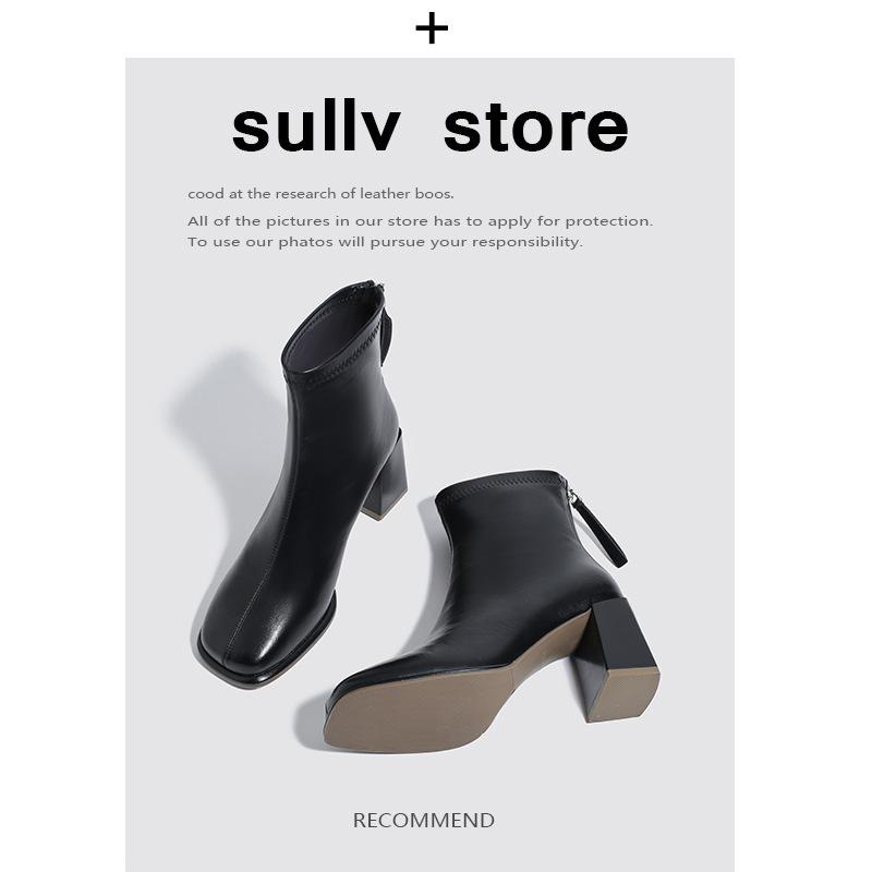 

Leather thick heel short boots women s autumn and winter new thin boots square high heel Martin boots thin boots 34