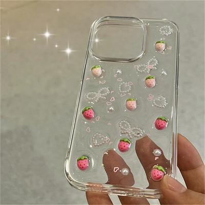 Cute 3D Strawberry Glitter Case For Iphone 17 Air 16 14 13 11 Pro Max 15 Plus 12 Mini X XR XS Bowknot Pearl Epoxy Clear Cover