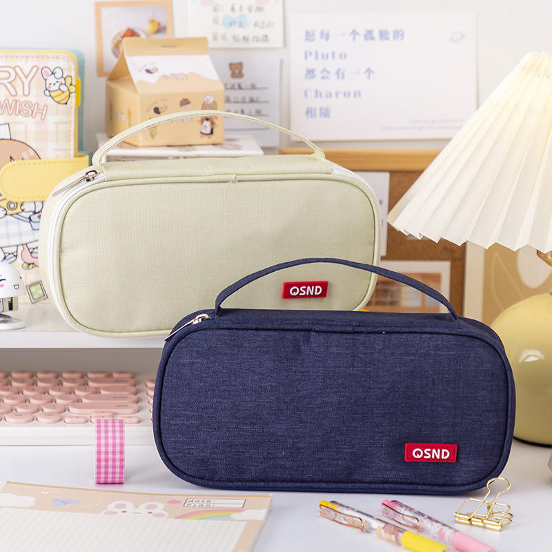 Handheld Double-layer Pencil Case Oxford Cloth Solid Color Student Case Pencil with Pen Clip Compartment Storage Bag School Stationery