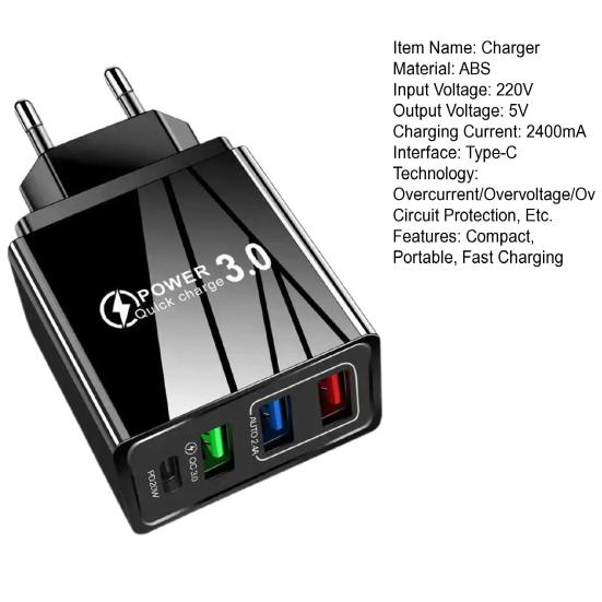 Multi Port PD Charger with 3 USB Ports Type C Compact Travel Charger Fast Charging Adapter
