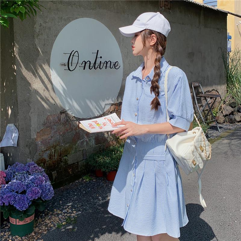 Women's Summer Blue Striped Shirt Dress: Korean-Style Two-Piece Look