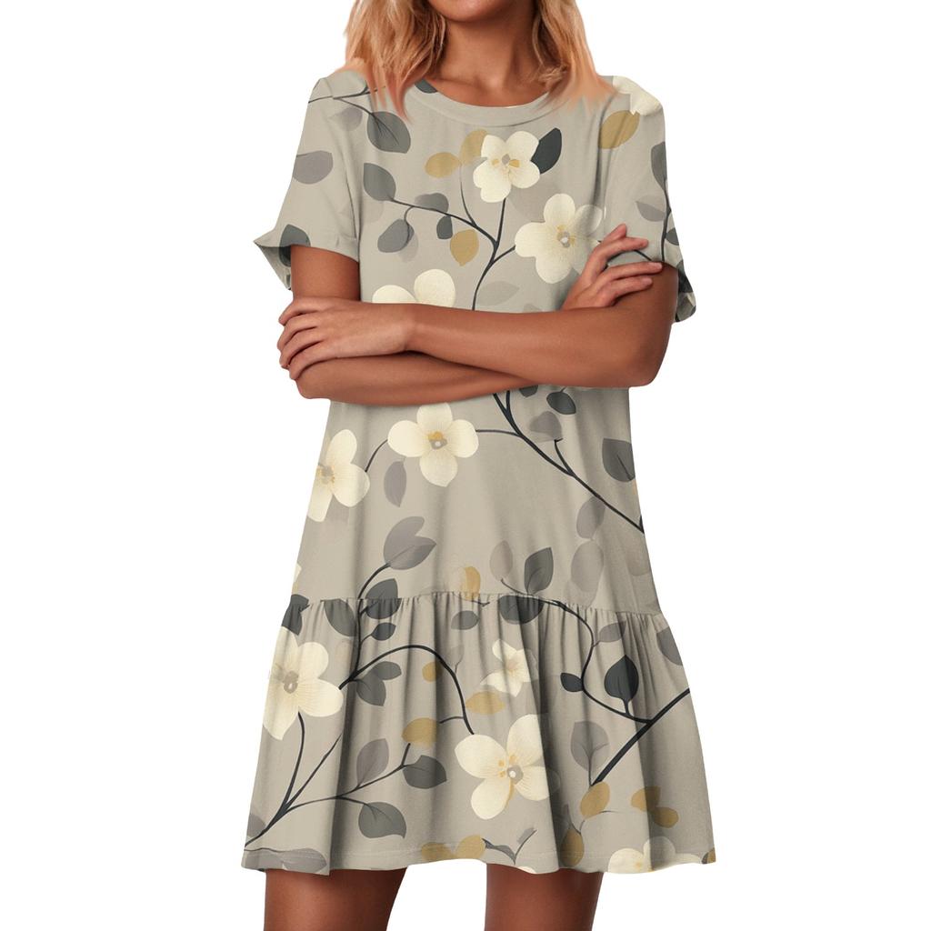 Women's Fashion Casual Round Neck Short Sleeve Ruffled Vintage Printed Dresses