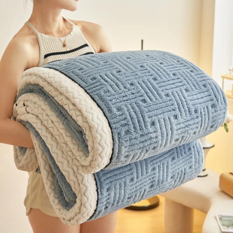 Furry Plush Warm Winter Blanket A Grade Carved Velvet Coral Fleece Flannel Soft Thick Bedspread For Bed Sofa Single Double Size