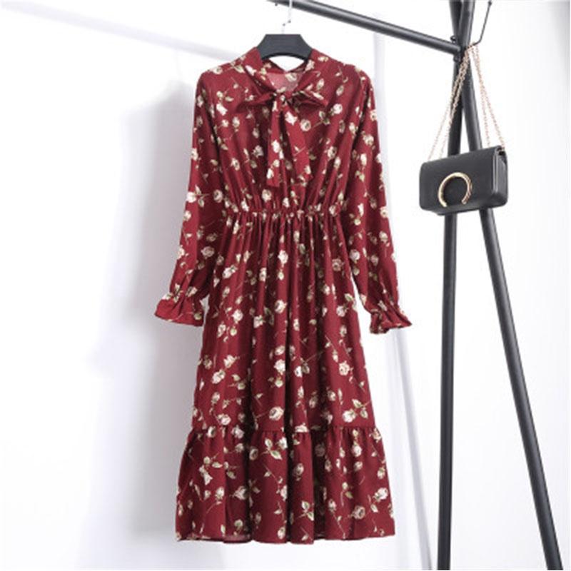 Elegant Floral Chiffon Long Sleeve Casual Vintage Boho Maxi Dress For Women