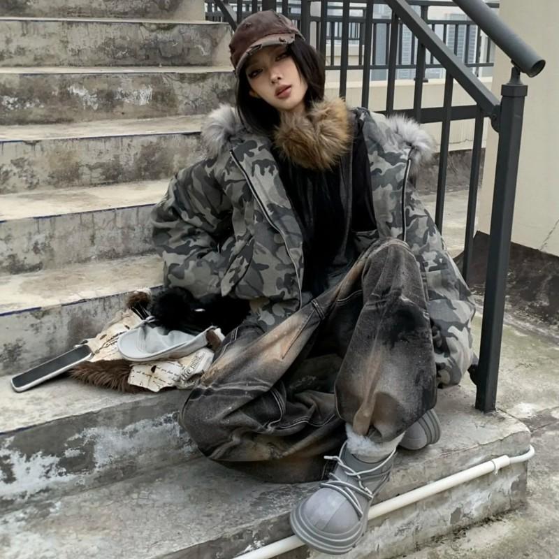 Mens Camo Bomber Jacket Winter Thick Short Puffer Hooded Cotton Coat Streetwear Loose Fit