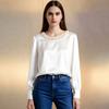 Women Tops Round Neck Long Sleeve Smooth Satin Pullover Tops Solid Color Loose Fit Faux Pearls Decor Casual Shirt Daily Wear